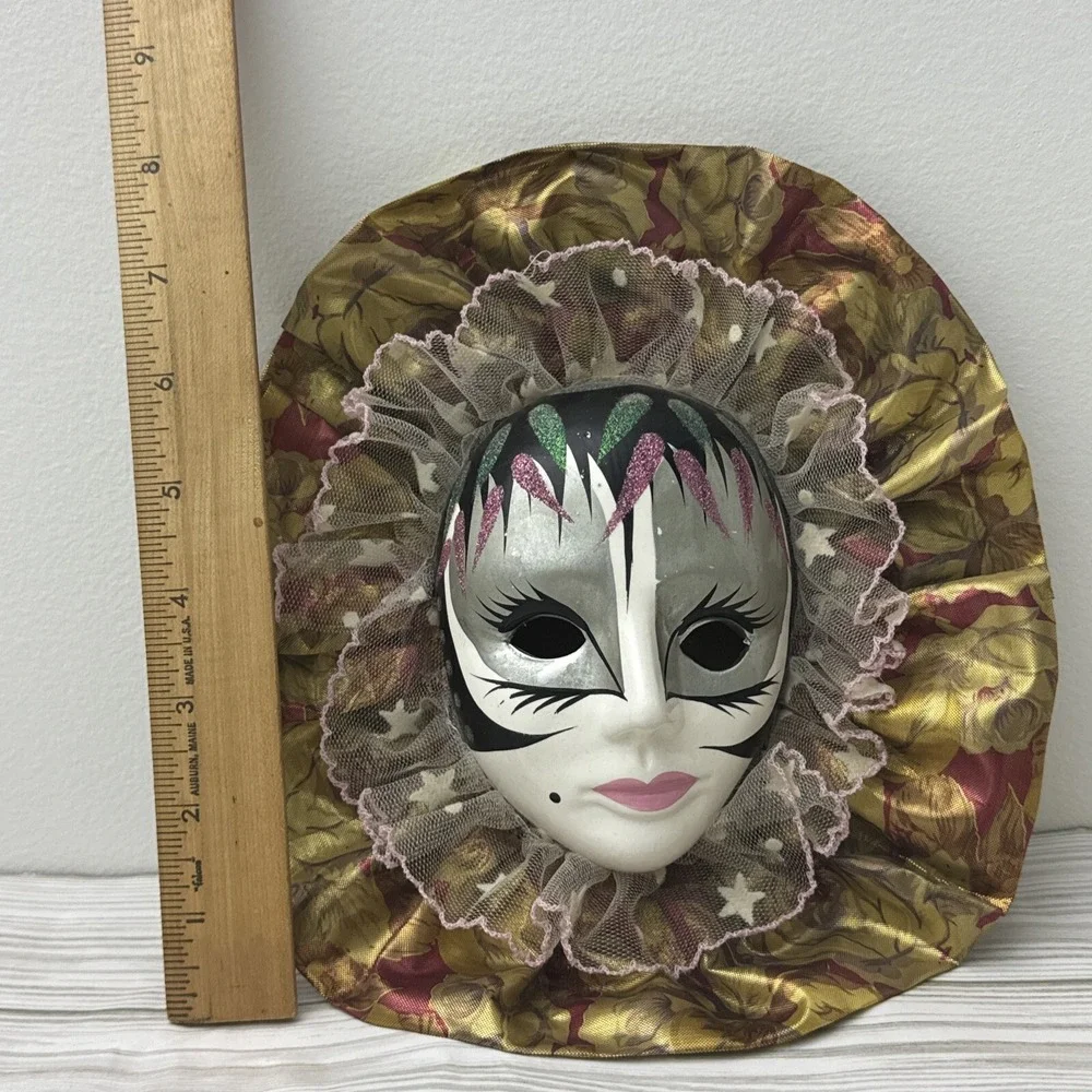 Vintage Ceramic Wall Mask With Floral Fabric & Lace Trim
